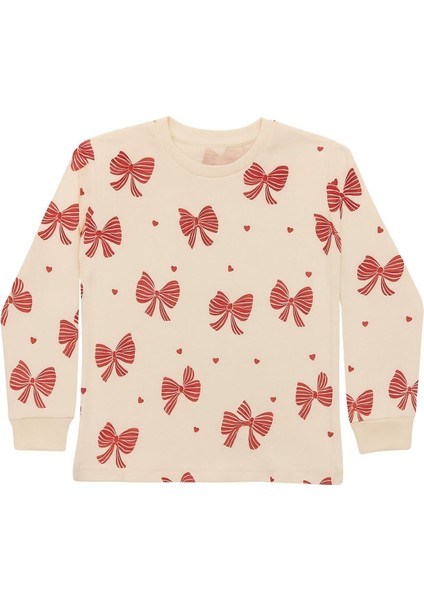 Ekru Renk Kırmızı Fiyonk Baskılı Kız Çocuk Pijama Takımı modelleri