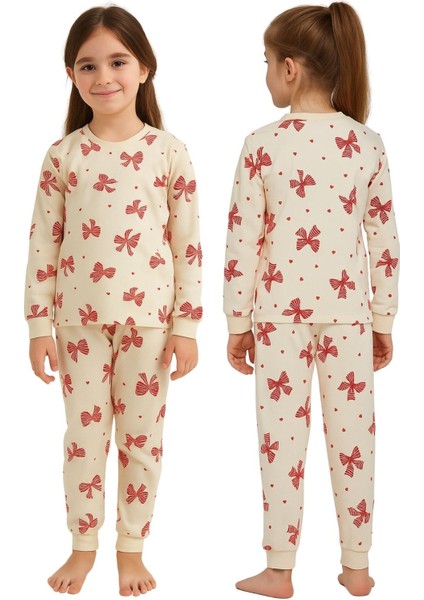 Ekru Renk Kırmızı Fiyonk Baskılı Kız Çocuk Pijama Takımı indirimleri