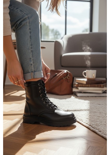 Wanettı Siyah Fermuarlı&bağcıklı Kauçuk Taban Kadın Bot fiyatları