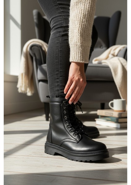 Wanettı Siyah Fermuarlı&bağcıklı Kauçuk Taban Kadın Bot modelleri