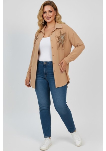 Kadın Büyük Beden Pul Payet Işlemeli Uzun Kollu Gömlek 1985-26