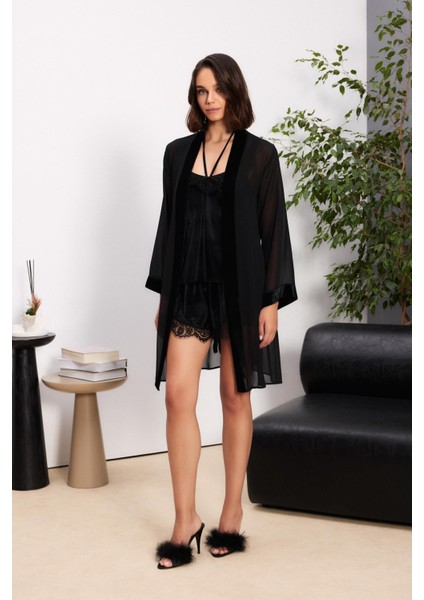 Kadife Saten 3'lü Kadın Pijama Takımı - 2845 Siyah