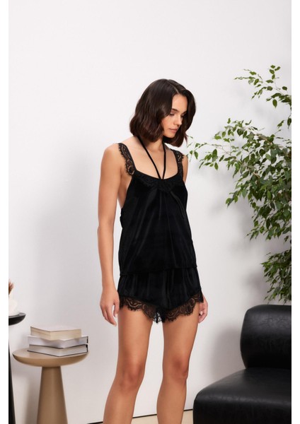 Kadife Saten 3'lü Kadın Pijama Takımı - 2845 Siyah fiyatları