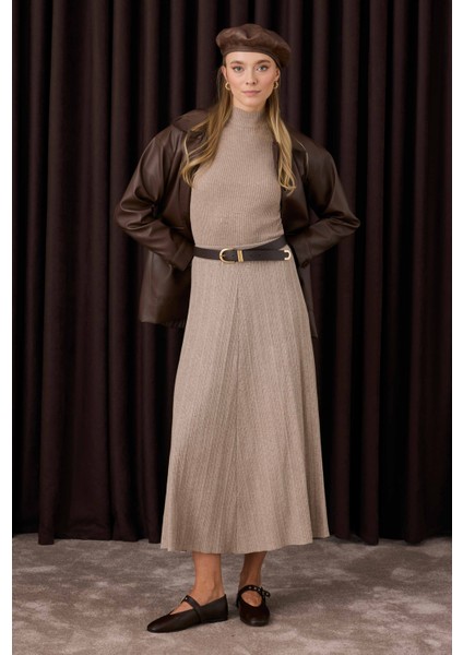 Fitilli Triko Etek Açık Vizon