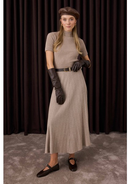 Fitilli Triko Etek Açık Vizon