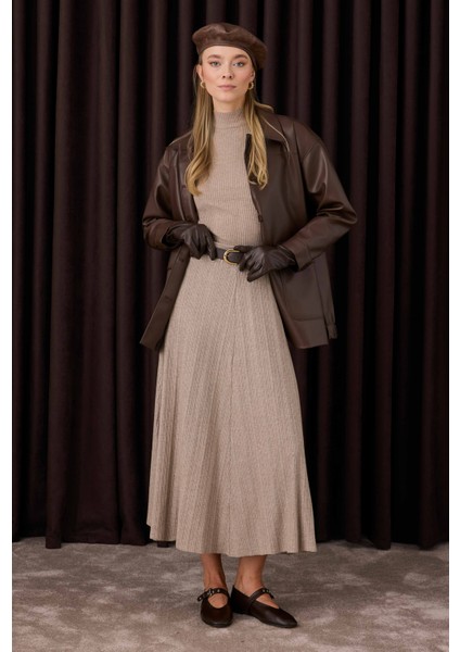 Fitilli Triko Etek Açık Vizon