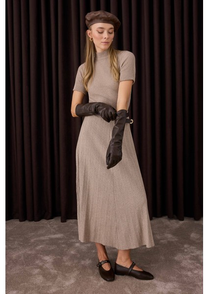 Fitilli Triko Etek Açık Vizon