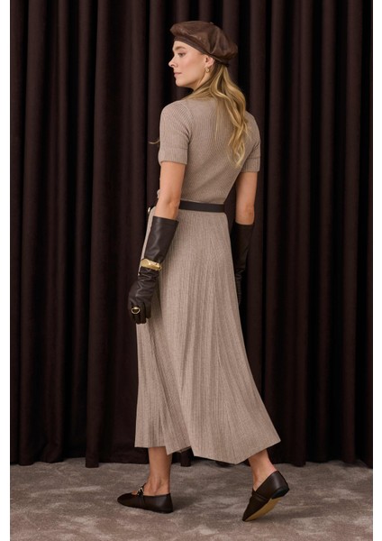 Fitilli Triko Etek Açık Vizon