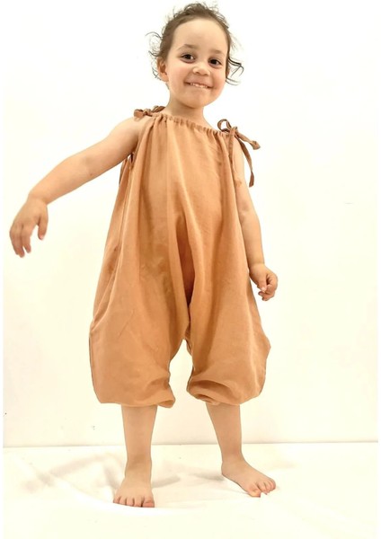 %100 Organik Çift Kat Müslin Kız Çocuk Şalvar Tulum Krem