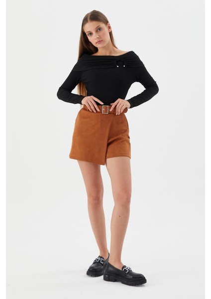 Kemerli Süet Şort Etek Taba