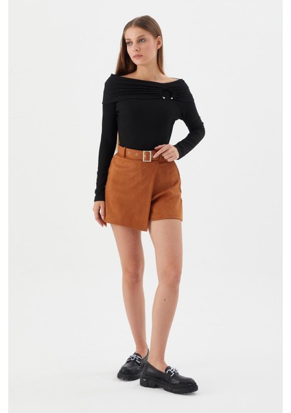 Kemerli Süet Şort Etek Taba modelleri
