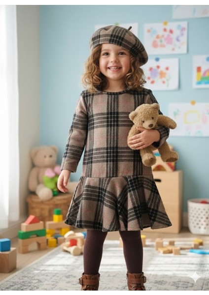 Kız Çocuk Kısa Elbise Şapka Takım Oduncu Kışlık Dar Kalıp Esnek Değil Kahverengi