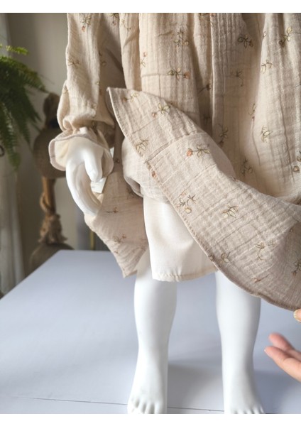 Kız Bebek Çocuk Elbise Otantik Keten Müslin %100 Pamuk Astarlı Tarz Tasarım Çok Şık