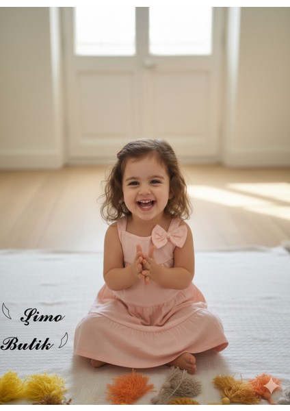 Kız Çocuk Penye Pamuklu Elbise Fiyonklu Pembe Somon modelleri