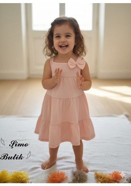 Kız Çocuk Penye Pamuklu Elbise Fiyonklu Pembe Somon indirimleri