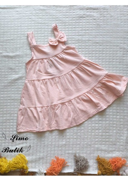 Kız Çocuk Penye Pamuklu Elbise Fiyonklu Pembe Somon