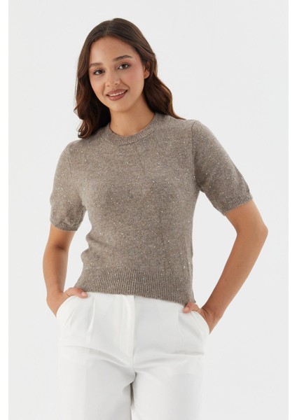 Simli Kısa Kol Triko Bluz Vızon