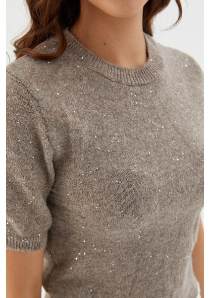 Simli Kısa Kol Triko Bluz Vızon fiyatları