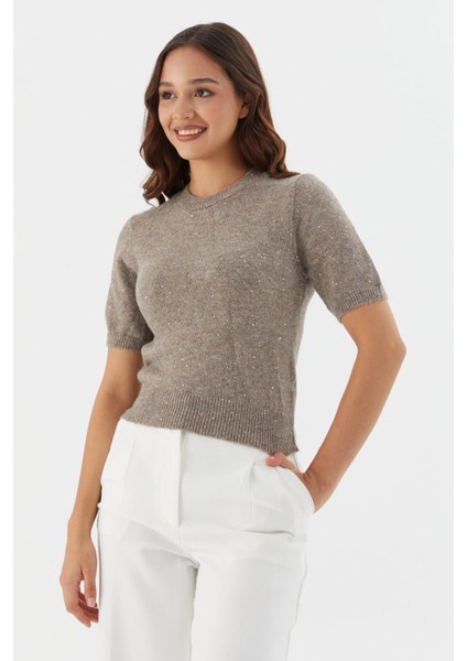 Simli Kısa Kol Triko Bluz Vızon modelleri
