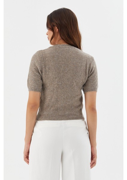 Simli Kısa Kol Triko Bluz Vızon indirimleri