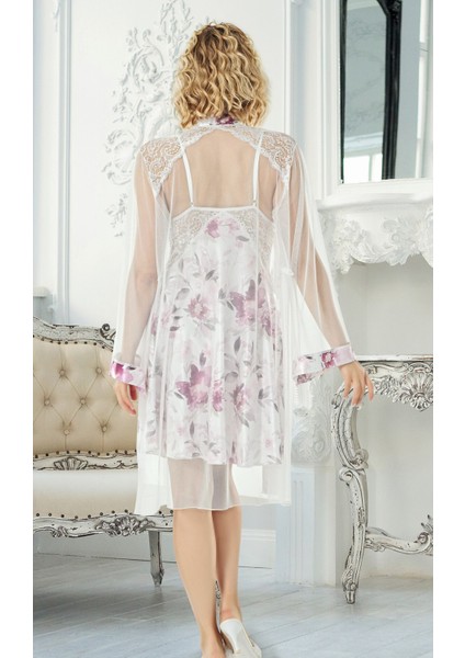 Deluxe Seri Transparan Dantel Çiçek Desenli Kadın Günlük Şık Rahat 2'li Takım - Gecelik ve Sabahlık fırsatları