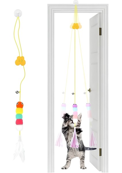 Çıngıraklı Kedi Oyuncağı Yapışkanlı Kedi Oyun Oltası Renkli Ponponlu Hacıyatmaz Oyuncak Zıplayan Top