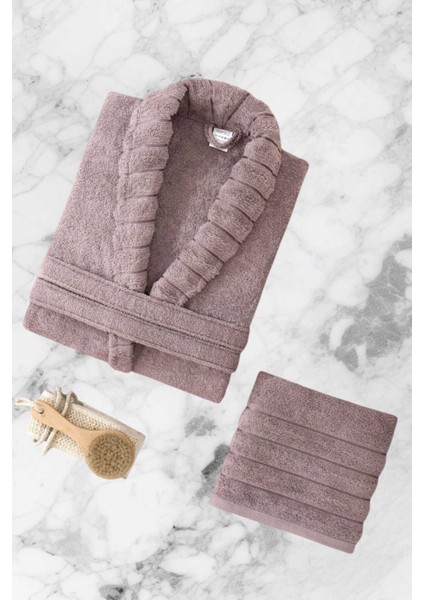 Aqualoom Lüx Kadın Bornoz ve Havlu Seti &AMP;#37;100 Pamuklu Mürdüm