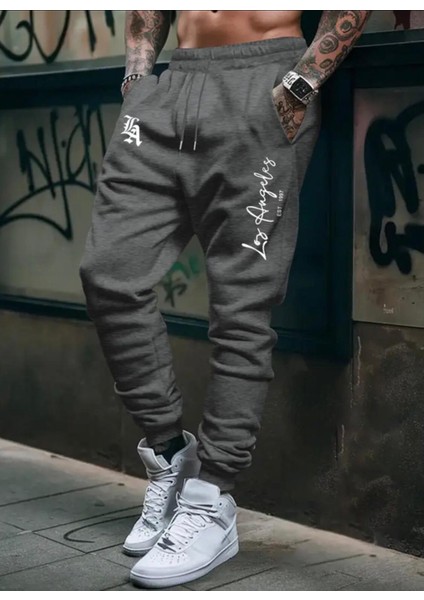 Punıx Büyük Beden La Los Angeles Baskılı Kalın 3 Iplik Kışlık Erkek Battal Eşofman Altı