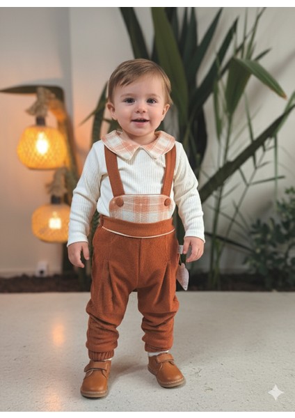 Ekose Bebe Yaka Kareli Askılı Salopet Takım Fitilli Kadife Tulumlu