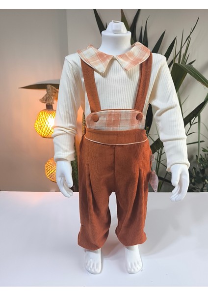 Ekose Bebe Yaka Kareli Askılı Salopet Takım Fitilli Kadife Tulumlu modelleri