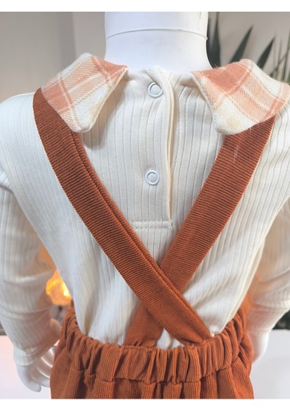 Ekose Bebe Yaka Kareli Askılı Salopet Takım Fitilli Kadife Tulumlu