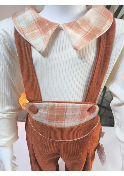 Ekose Bebe Yaka Kareli Askılı Salopet Takım Fitilli Kadife Tulumlu