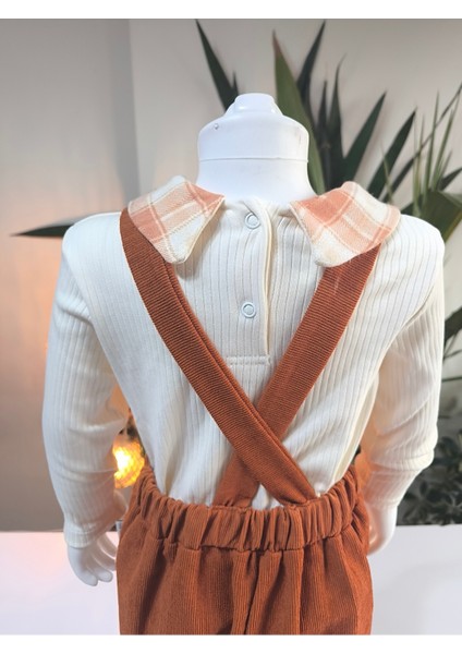 Ekose Bebe Yaka Kareli Askılı Salopet Takım Fitilli Kadife Tulumlu