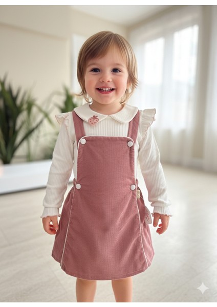 Çilek Işlemeli Bebe Yaka Fırfırlı Kız Çocuk Salopet Takımı Jile Gül Kurusu Fitilli Kadife