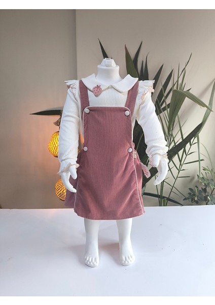 Çilek Işlemeli Bebe Yaka Fırfırlı Kız Çocuk Salopet Takımı Jile Gül Kurusu Fitilli Kadife fiyatları