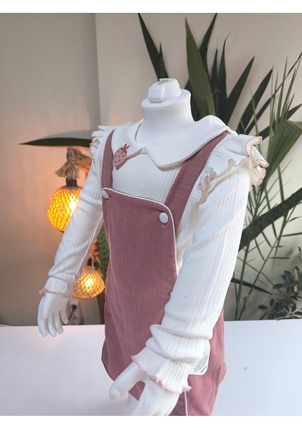 Çilek Işlemeli Bebe Yaka Fırfırlı Kız Çocuk Salopet Takımı Jile Gül Kurusu Fitilli Kadife modelleri