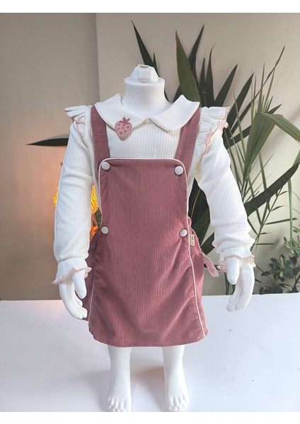 Çilek Işlemeli Bebe Yaka Fırfırlı Kız Çocuk Salopet Takımı Jile Gül Kurusu Fitilli Kadife fırsatları