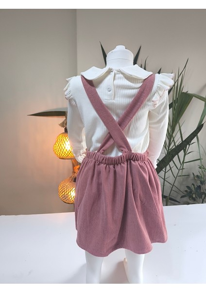 Çilek Işlemeli Bebe Yaka Fırfırlı Kız Çocuk Salopet Takımı Jile Gül Kurusu Fitilli Kadife indirimleri