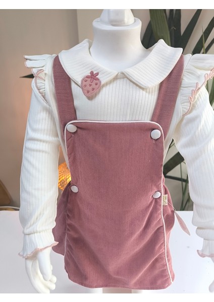 Çilek Işlemeli Bebe Yaka Fırfırlı Kız Çocuk Salopet Takımı Jile Gül Kurusu Fitilli Kadife