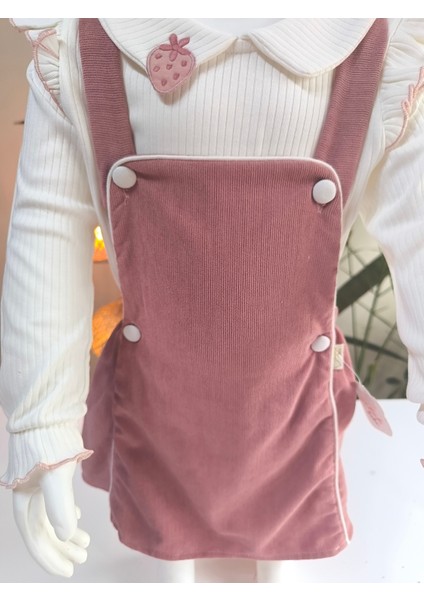 Çilek Işlemeli Bebe Yaka Fırfırlı Kız Çocuk Salopet Takımı Jile Gül Kurusu Fitilli Kadife