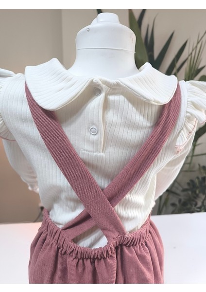 Çilek Işlemeli Bebe Yaka Fırfırlı Kız Çocuk Salopet Takımı Jile Gül Kurusu Fitilli Kadife