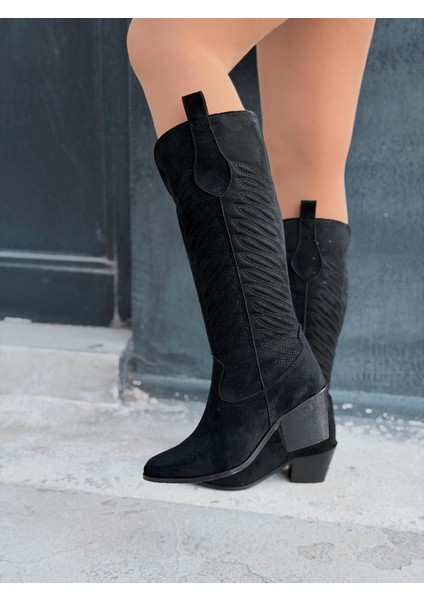 Marvett Kadın Kovboy Çizme Siyah Süet