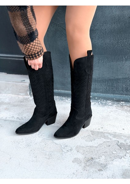 Marvett Kadın Kovboy Çizme Siyah Süet modelleri