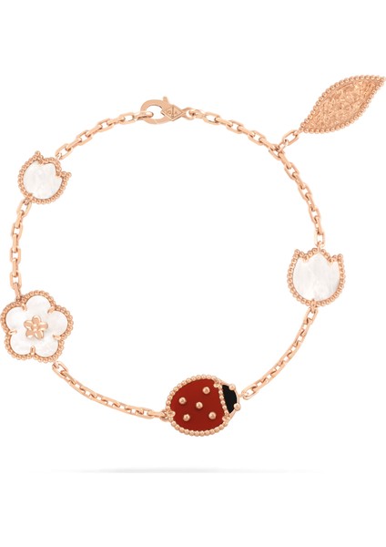 Van Cleef & Arpels Uğur Böcekleri ve Çiçek Motifleriyle Şanslı Bahar Bilekliği, 5 Motif Yonca 925 Ayar Gümüş, Karnelyan, Oniks, Sedef Taşlı