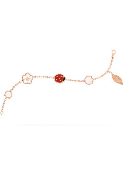 Van Cleef & Arpels Uğur Böcekleri ve Çiçek Motifleriyle Şanslı Bahar Bilekliği, 5 Motif Yonca 925 Ayar Gümüş, Karnelyan, Oniks, Sedef Taşlı fırsatları