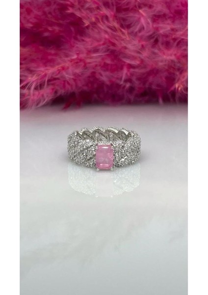 Paraiba Montür Toz Pembe Gurmet Yüzük 925 Ayar Gümüş