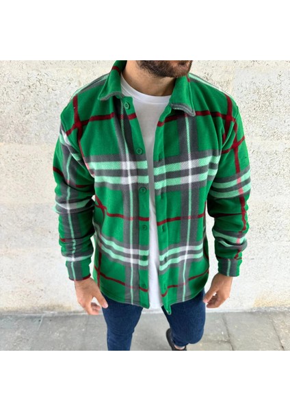 Erkek Ekose Desenli Düğmeli Polar Yakalı Uzun Kollu Gömlek Oversize Rahat Kalıp - Yeşil -Vlmr fiyatları