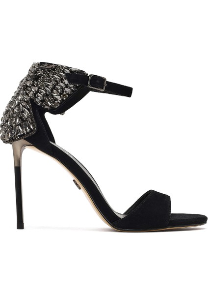 Kadın Siyah Bilekten Tokalı Taşlı Yüksek Ince Topuklu Süet Deri Ayakkabı 25WFD490810