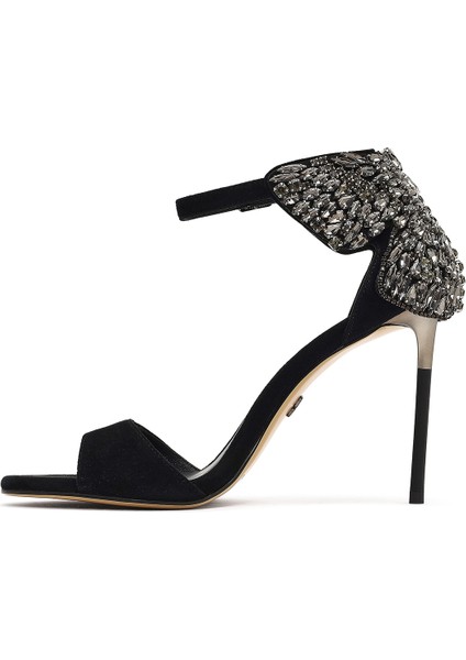 Kadın Siyah Bilekten Tokalı Taşlı Yüksek Ince Topuklu Süet Deri Ayakkabı 25WFD490810 indirimleri