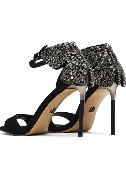 Kadın Siyah Bilekten Tokalı Taşlı Yüksek Ince Topuklu Süet Deri Ayakkabı 25WFD490810